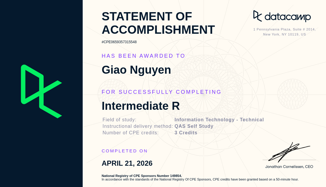 DataCamp Intermediate R certificate