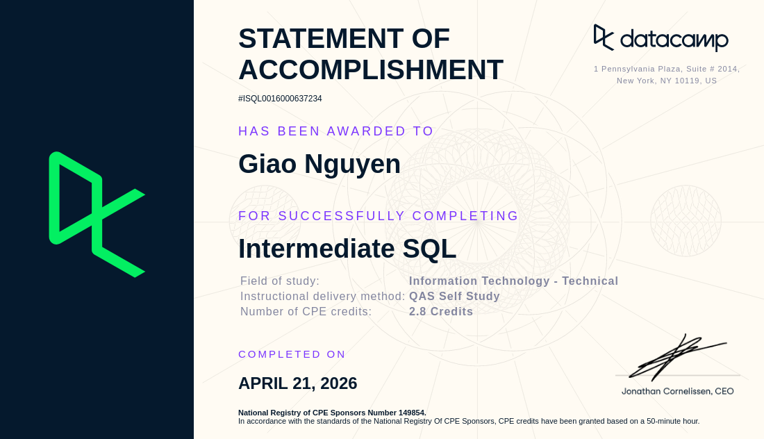 DataCamp Intermediate SQL certificate